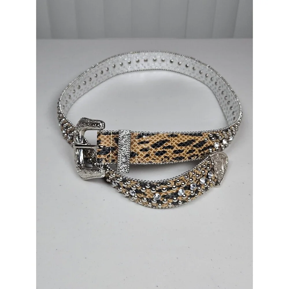 GUESS Y2K Leopard Print Rhinestone Belt Studded Western Bling Size M Festival